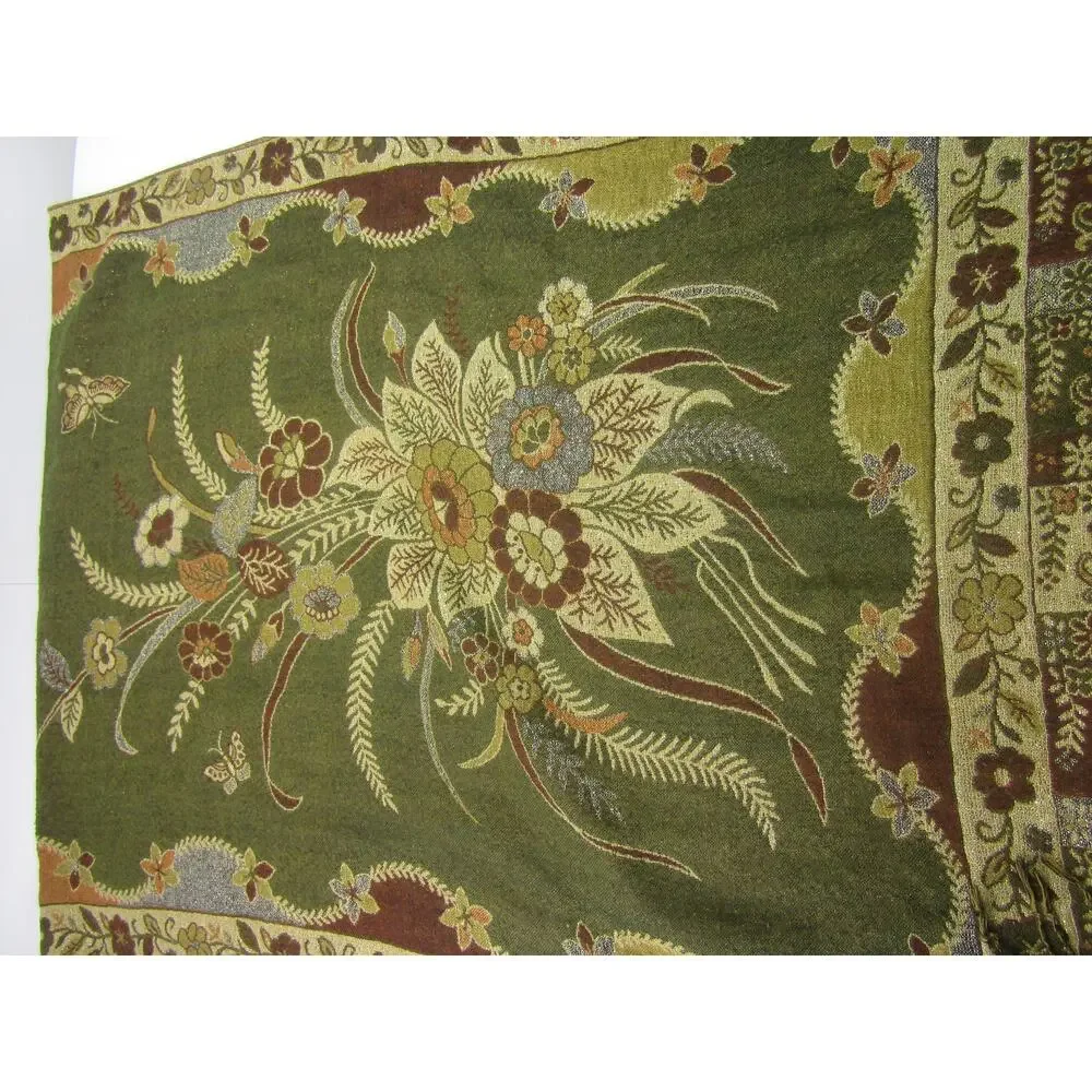 Olive Green Floral Knit Tassel Scarf‎ Wrap Cover Accessories Leaf Elegant Boho